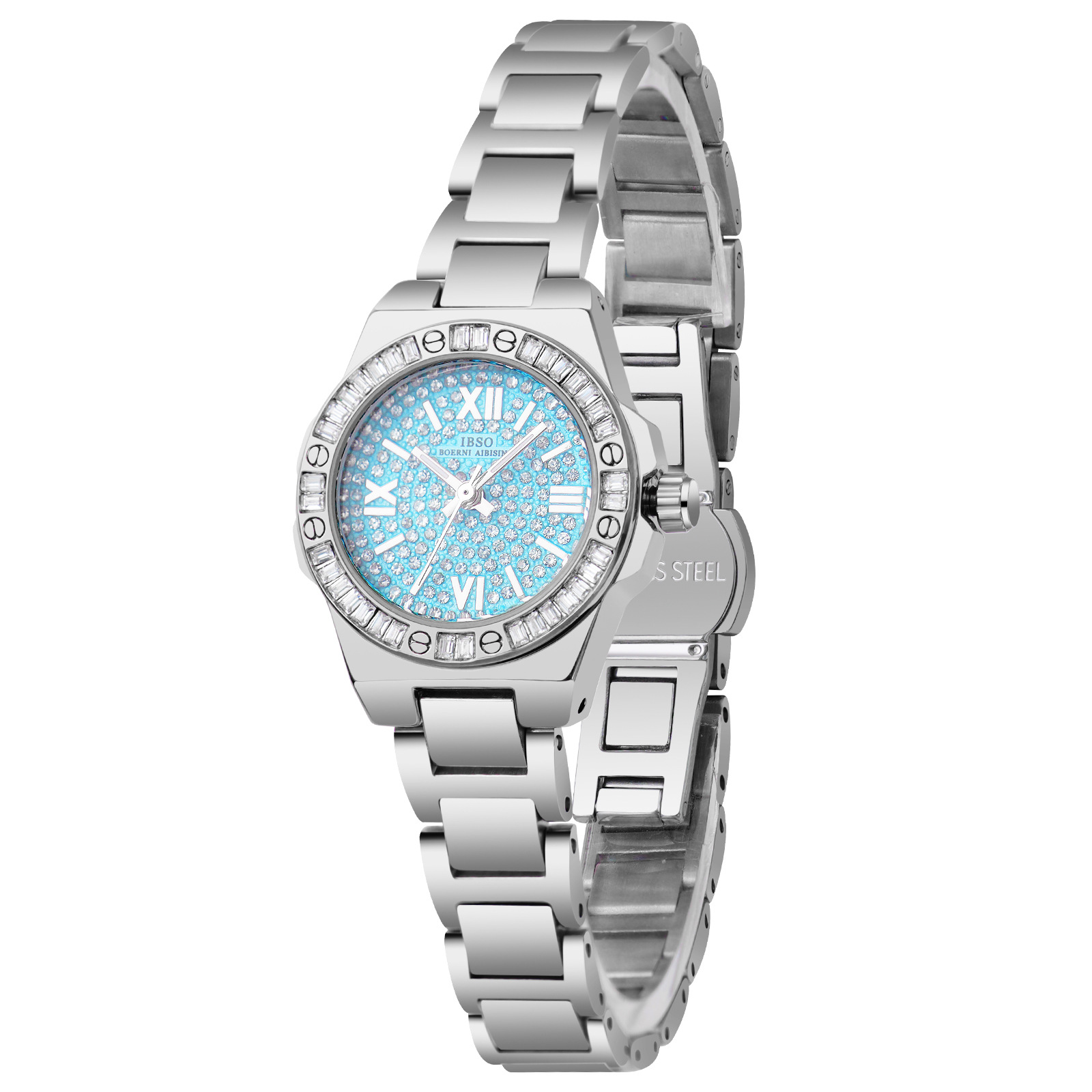 The new IBSO women's quartz watch with a steel band and diamond setting, a fashionable wristwatch, rose gold water-resistant small dial, is a cross-border bestseller details Picture