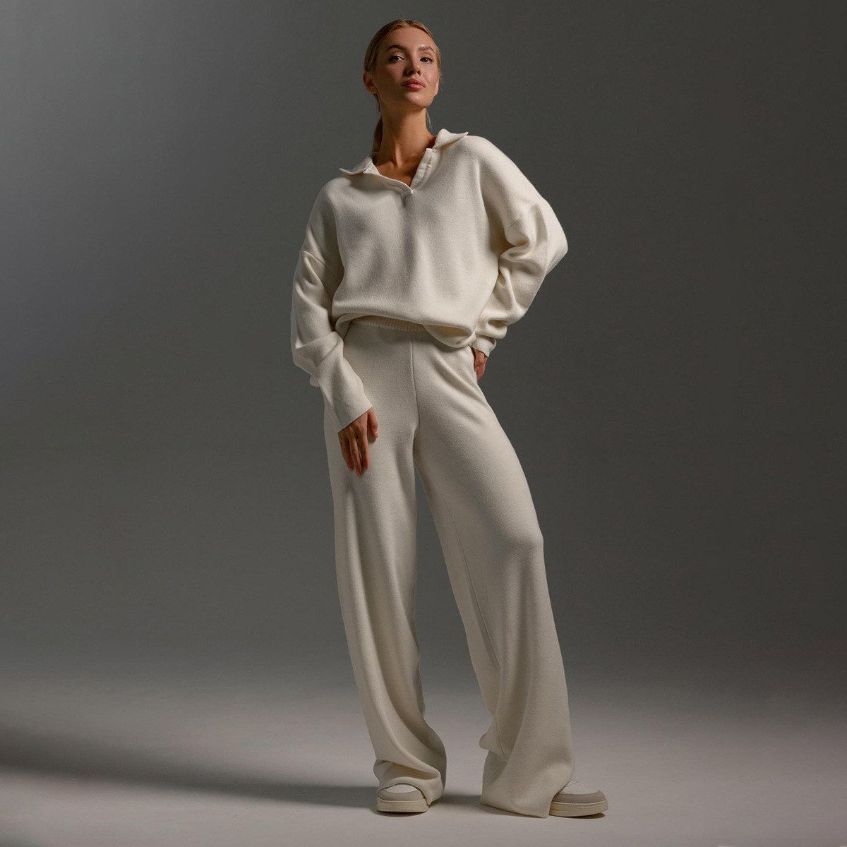 Cross-border knitted set: European and American autumn and winter sweater set, Polo collar knitted pullover + wide-leg long pants two-piece set Specification drawing