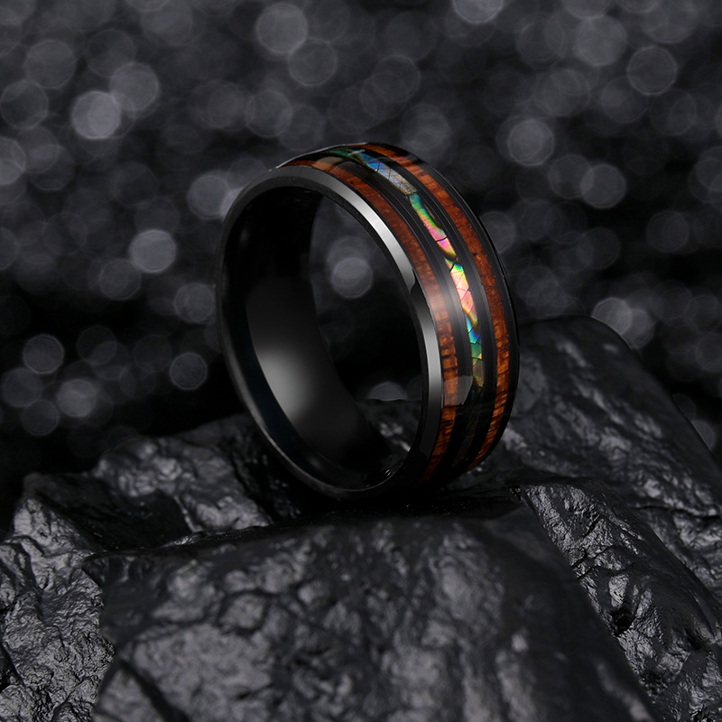 304 stainless steel European and American popular jewelry, natural element ring, Hawaiian acacia wood men's titanium steel ring details Picture