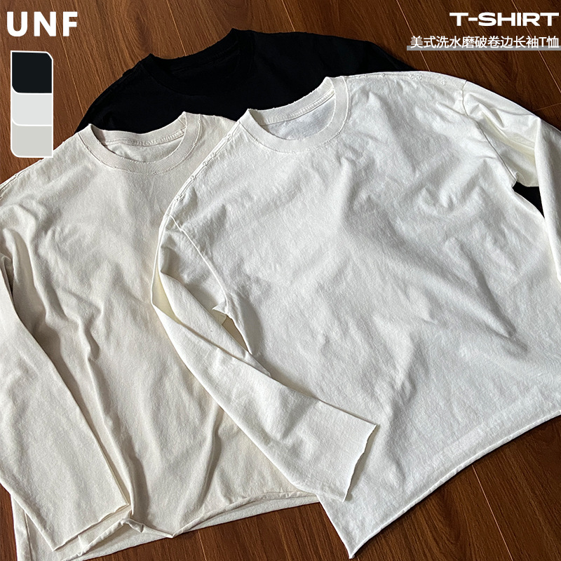 UNF叠穿神Tee卷边破坏打底长袖纯色纯棉美式vintage圆领长袖T恤男