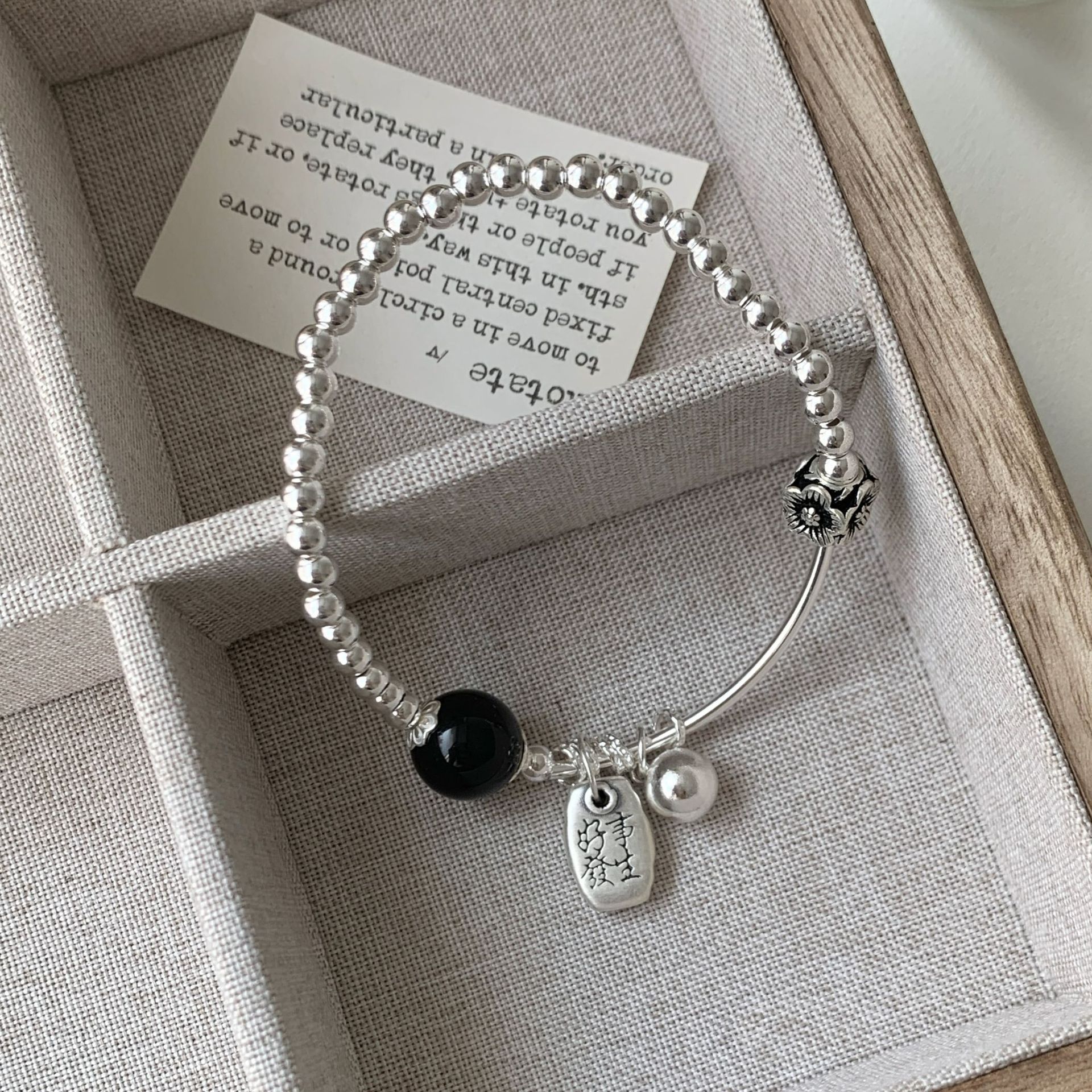 s925 sterling silver Good News Happens Black agate round bead bracelet, retro and aged, niche and versatile commuting bracelet silver jewelry details Picture