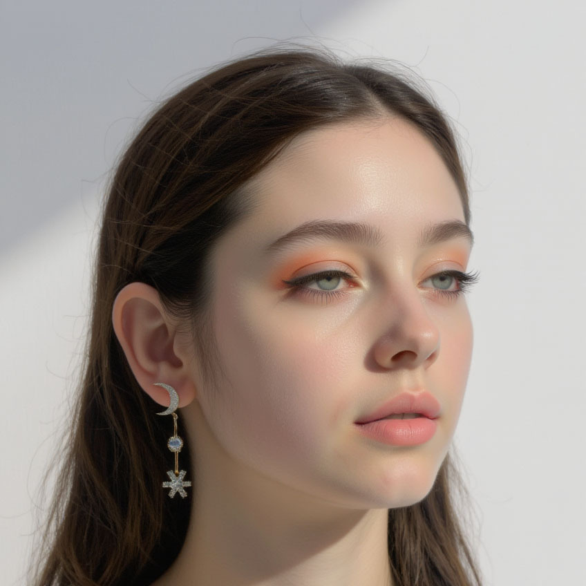 "Flowing Zircon earrings, Instagram influencer style Moon and Star earrings, S925 silver needle 14K gold high-quality earrings wholesale. Specification drawing