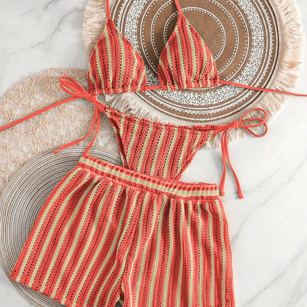 Cross-border knitted mesh striped two-piece flat-angle pants swimsuit feminine woven Bohemian bikini three-piece set details Picture