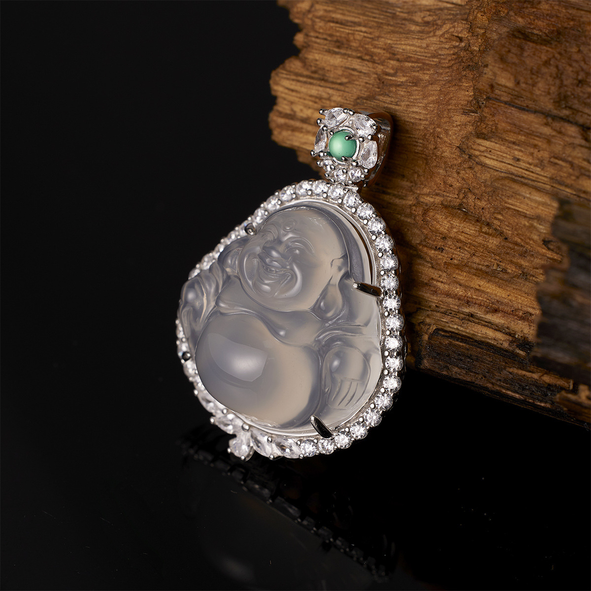 S925 Silver Chinese-style large-bellied Buddha Pendant, high ice chalcedony necklace with diamond and green chalcedony collarbone chain wholesale Specification drawing