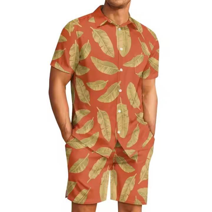3D digital printed Hawaiian banana leaf printed men's Cuban collar shirt casual beach pants set Specification image