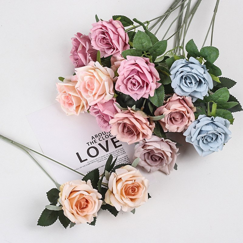 跨境仿真玫瑰花婚庆装饰仿真花双头玫瑰花假花 婚礼堂插花路引花