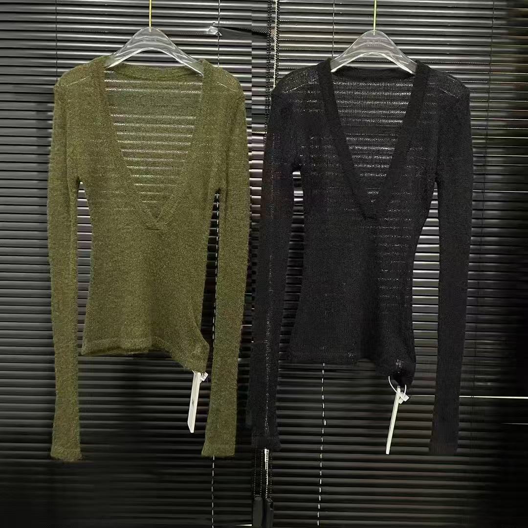 Casual V-neck thin, slightly transparent long-sleeved knitted sweater for women, a unique and versatile layering top for spring and summer details Picture