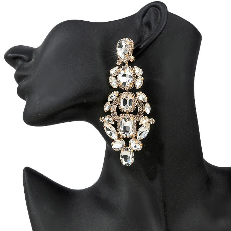 Cross-border European and American full-diamond long Earrings, luxurious, exaggerated irregular water diamond earrings, women 's personality, versatile and trendy accessories Earrings full figure