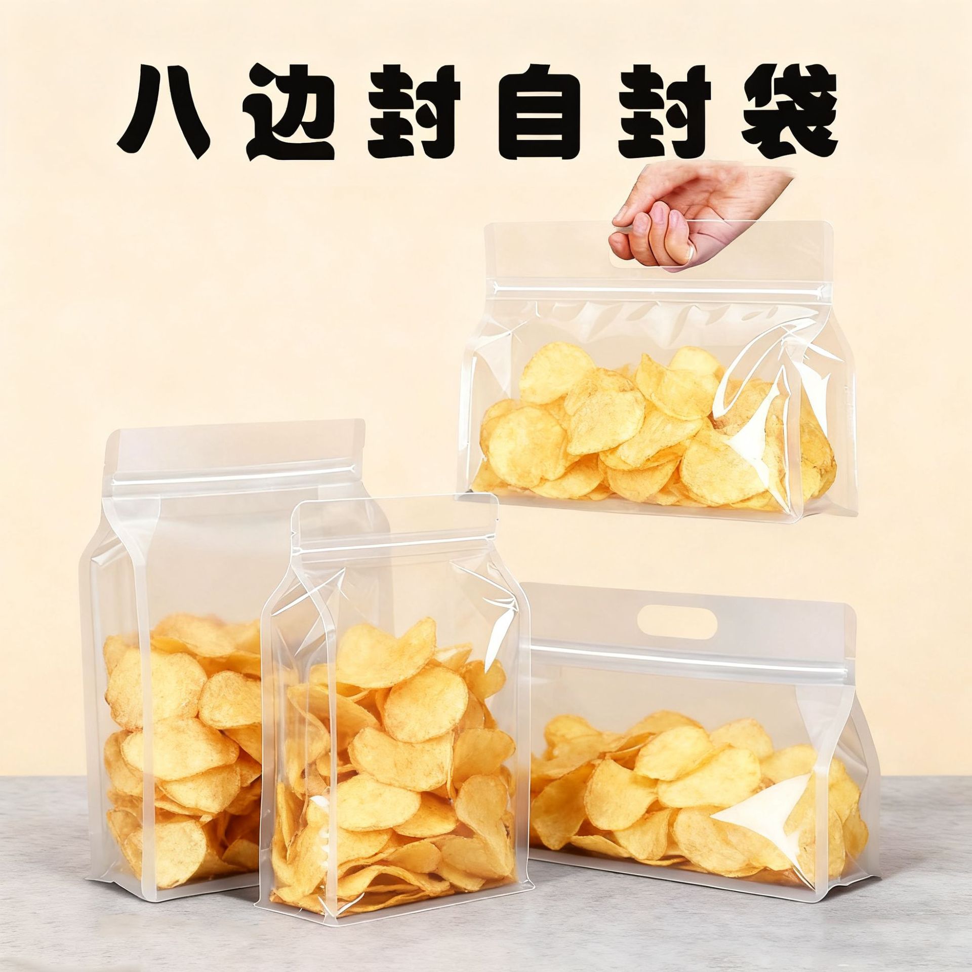 Transparent eight-side sealed bag, frosted hand-held zipper self-standing and self-sealing bag for potato chips, nuts, dried fruits, grains and other food packaging full image