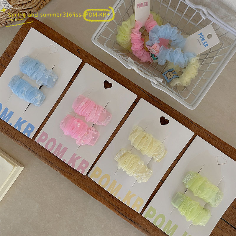New Korean-style colorful organza children's hair clips, handcrafted pearl rhinestone bye-bye-bye-bye-bye-baby sweet matching hair bands Application Scenario
