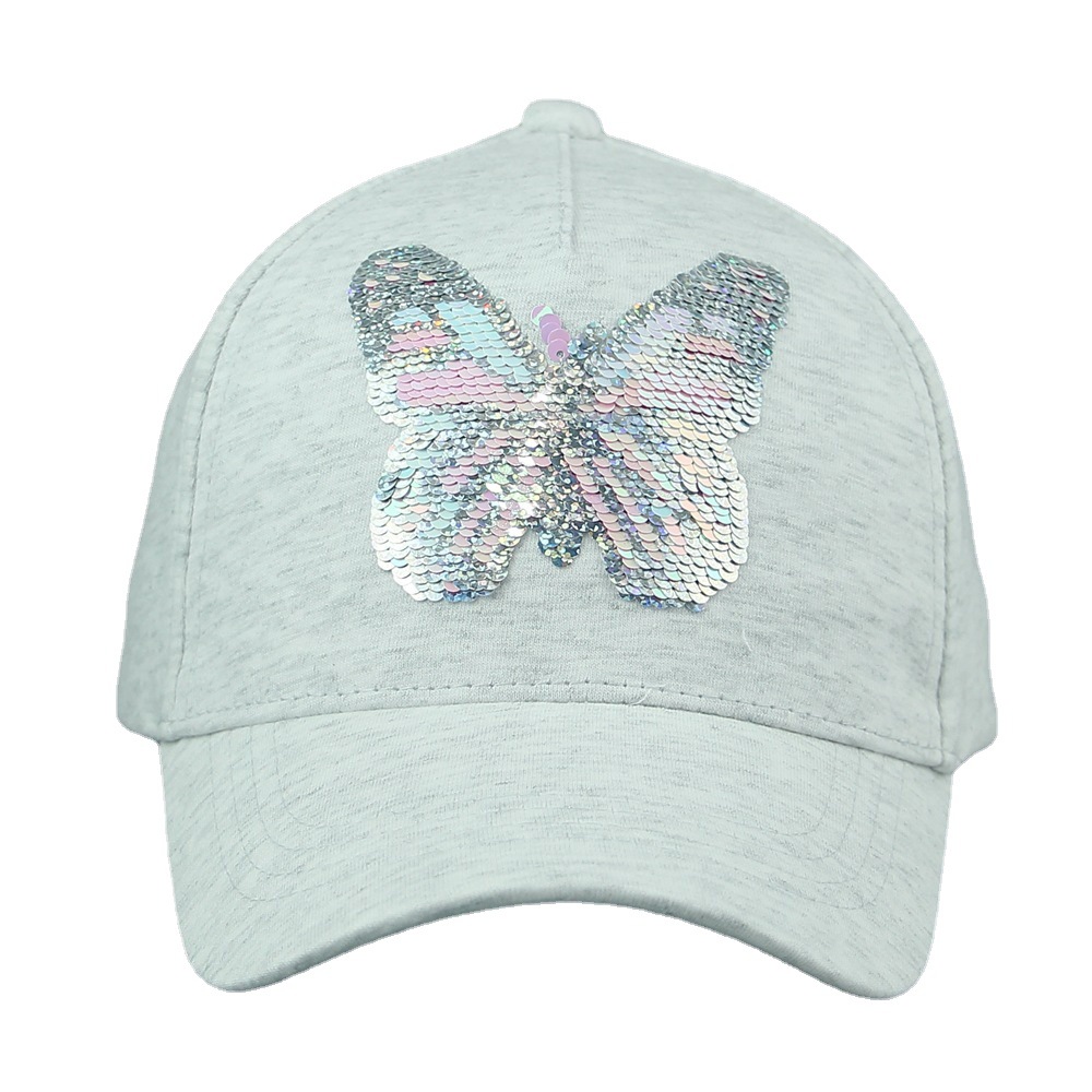 The children's caps from the cap factory are made of solid-color cotton with butterfly sequins, sunshade and cute baseball caps. They are printed and breathable for spring and summer Item Picture
