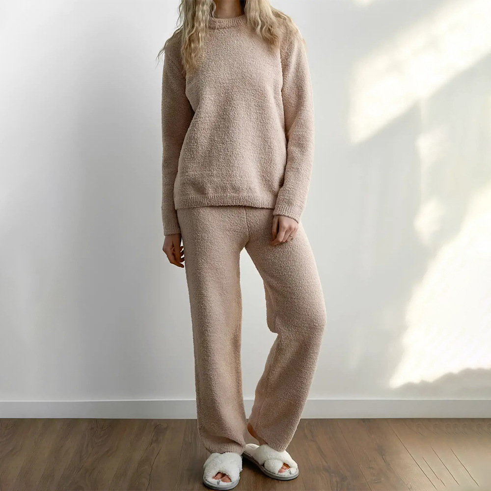 Cross-border round-neck solid color long-sleeved and long pants pajama set, European and American 2025 winter new half-fleece warm home wear details Picture