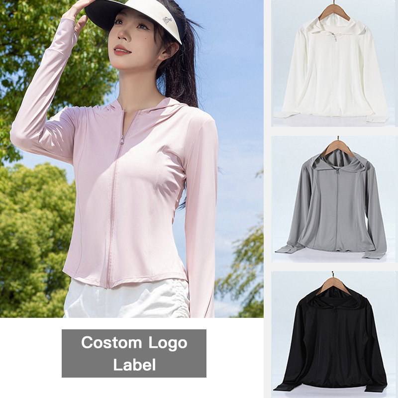 2024新款女士冰丝凉感瑜伽防晒衣修身收腰透气户外连帽外套上衣