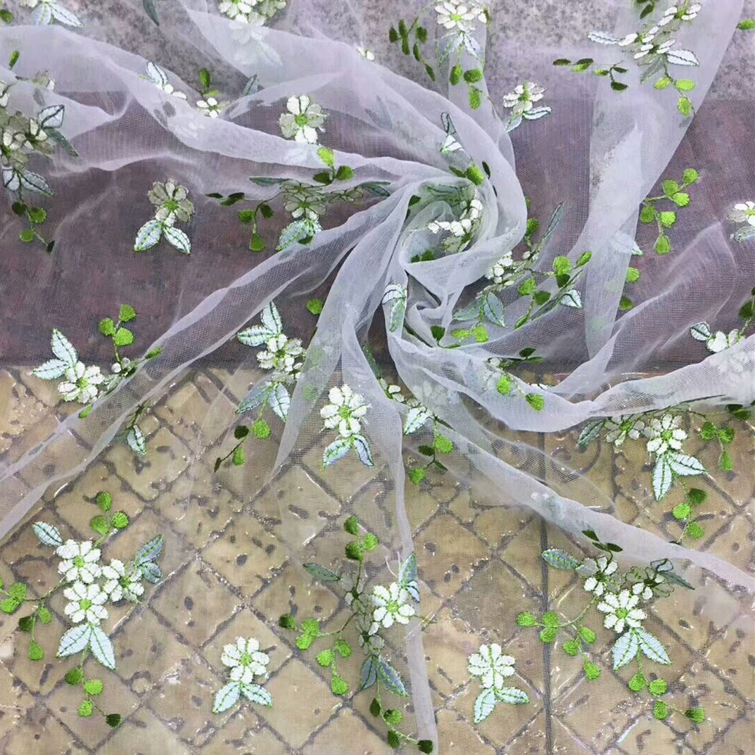 New mesh embroidery fabric, lace small floral embroidery fabric, spring and summer fresh and clean girls' dress fabric Specification image