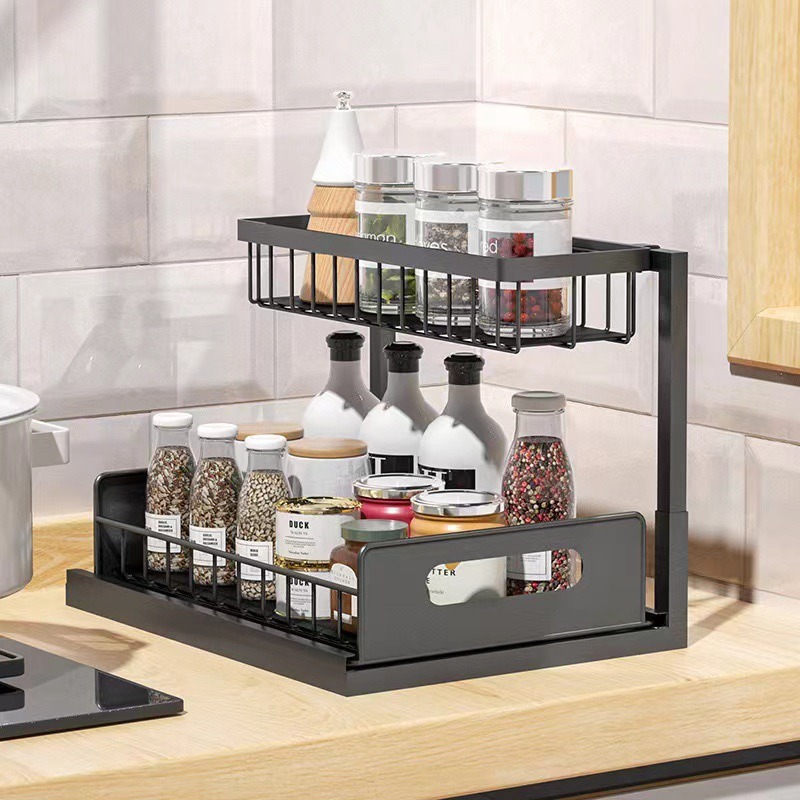 Wow, bathroom and kitchen pull-out sink, storage rack, slide rail cabinet, no need for drilling, layered seasoning storage rack Specification image