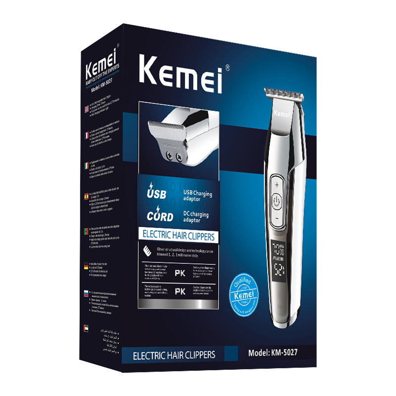 Kemei KM-5027 wide voltage, silent noise reduction, LED battery level digital display, dual charging port engraved electric clipper Item Picture