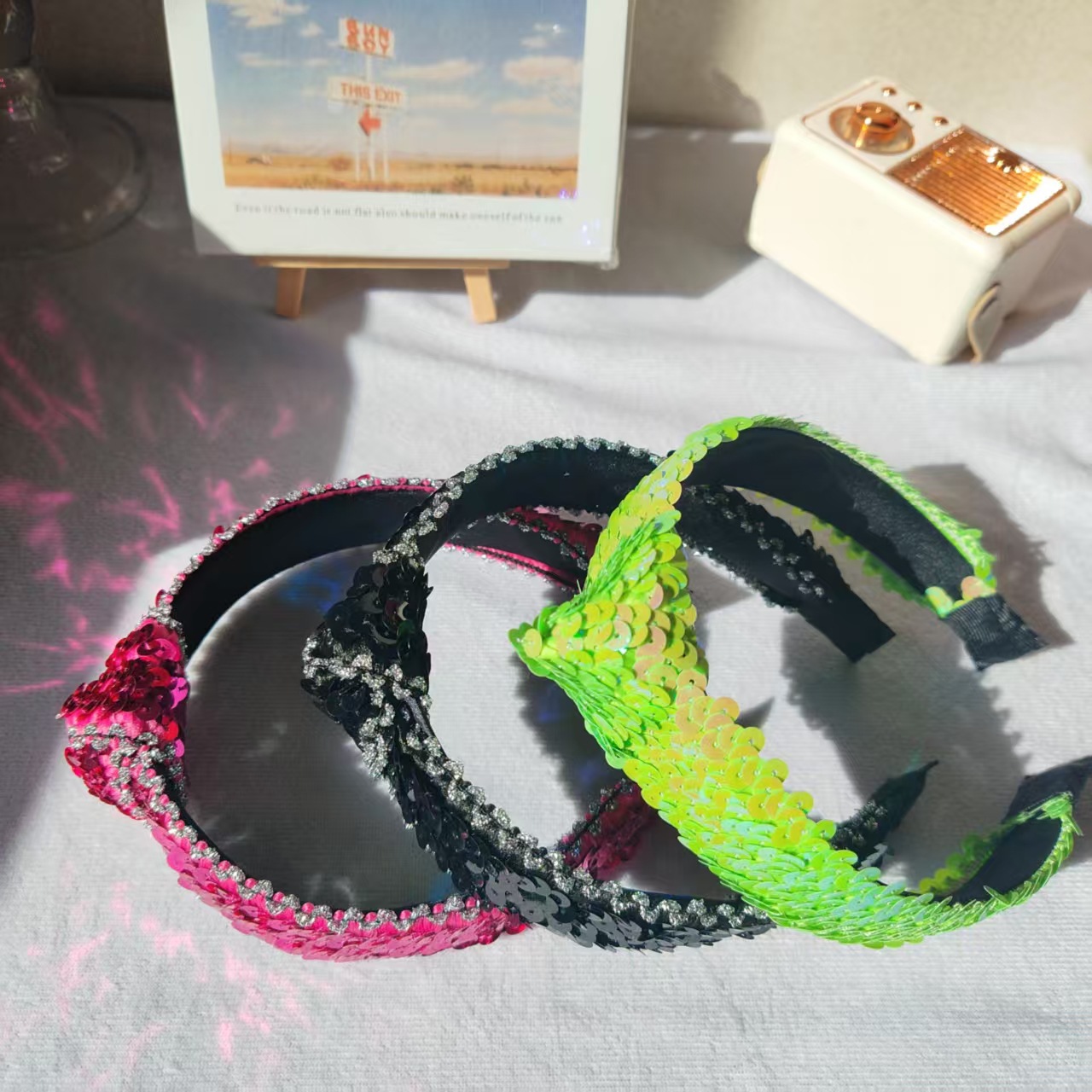 爆款纯手工串珠水晶亮片发箍女简约超闪宽边时尚高级打结满天星