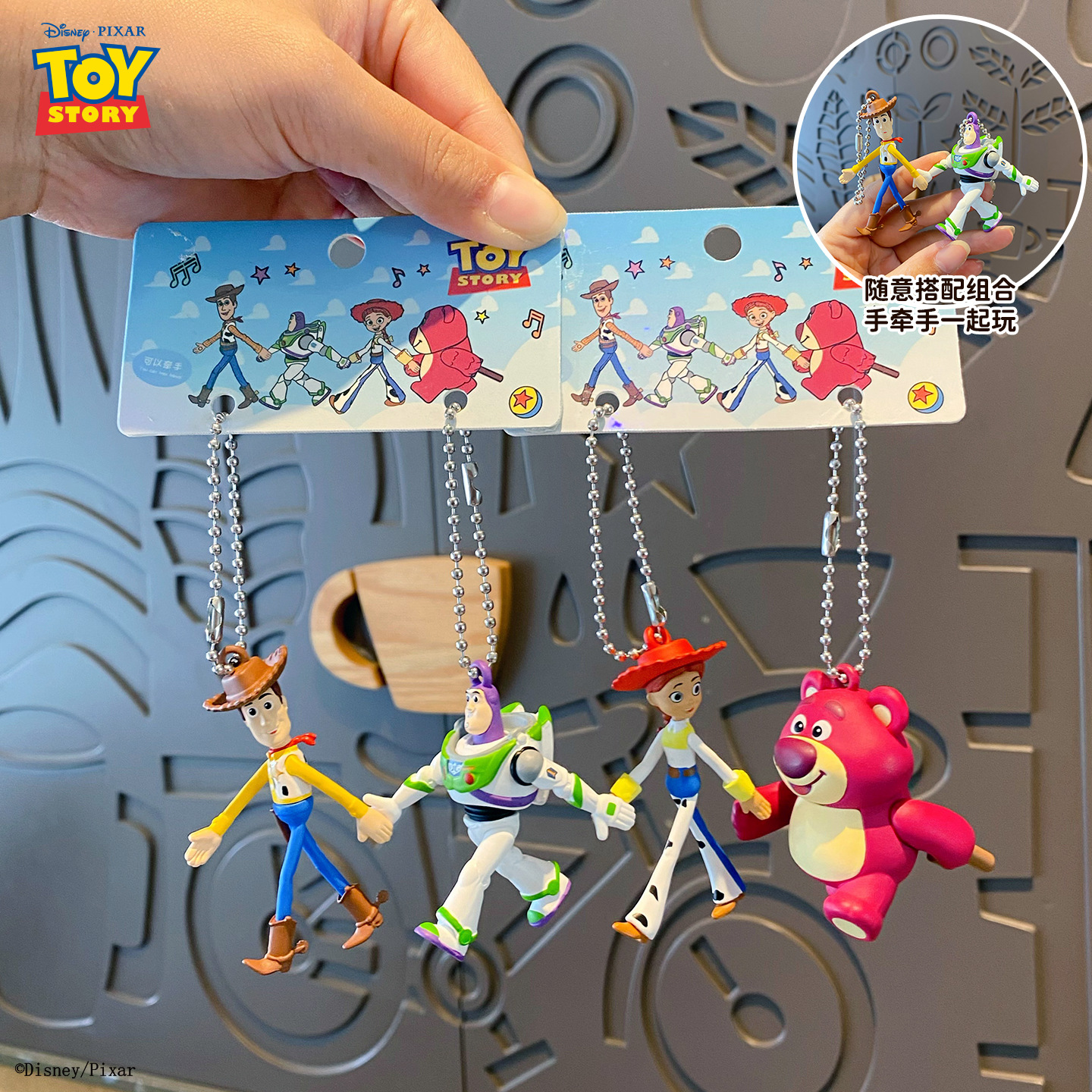 Official Toy Story Hand in hand couple keychain cartoon Woody Buzz Lightyear figurine key chain pendant details Picture