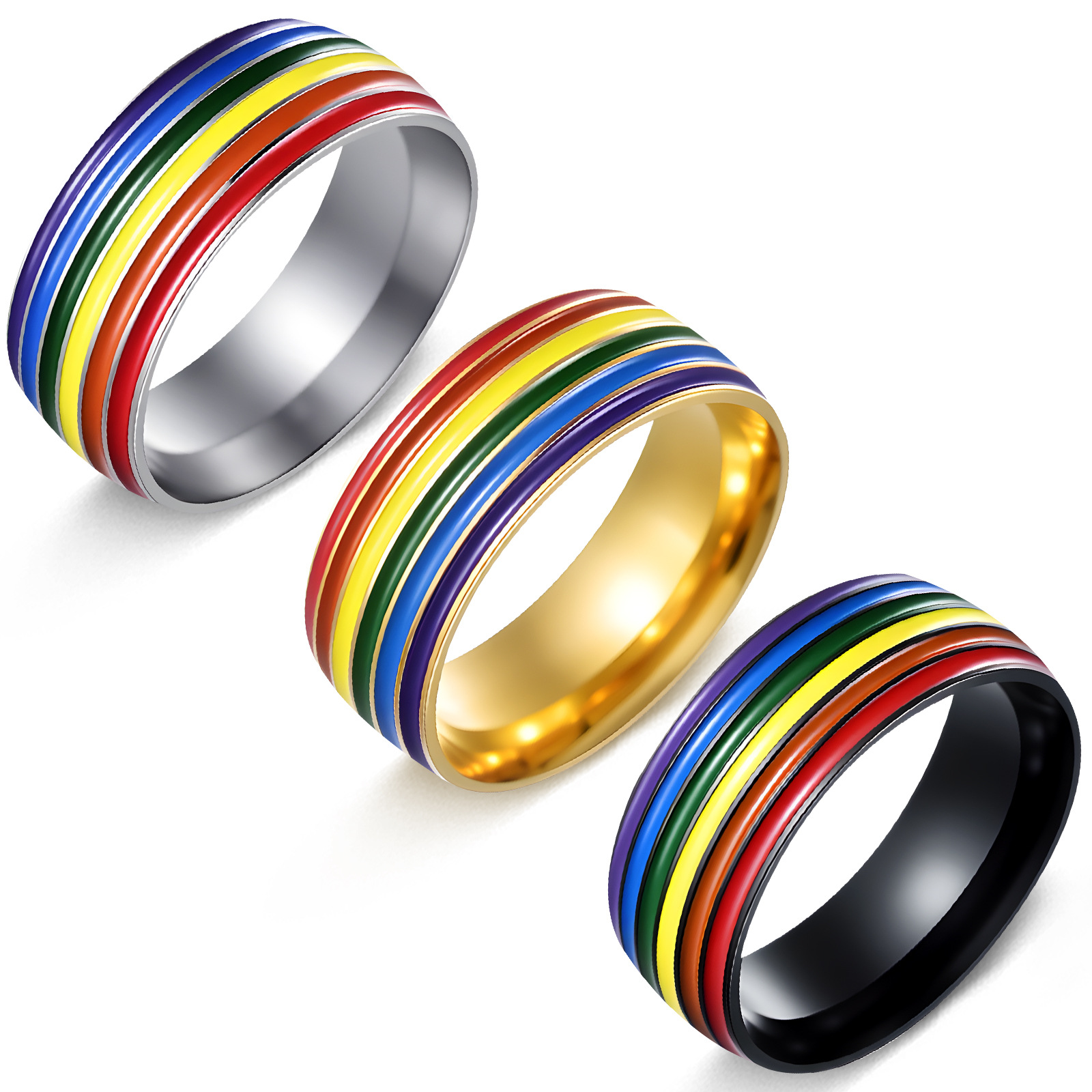Wholesale of multi-color rainbow jewelry from cross-border factories in Europe and America, including rainbow rings, multi-color oil-drip rings, and titanium steel men's rings