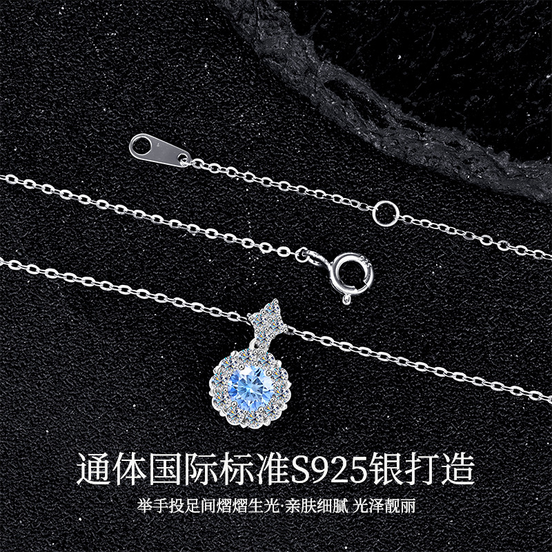 Zhuoheng Selection S925 Pure Silver Aquamarine Moissanite Women's Cross-border Amazon Bestseller Live Stream in Europe and America Full Diamond Necklace Factory Direct Sales