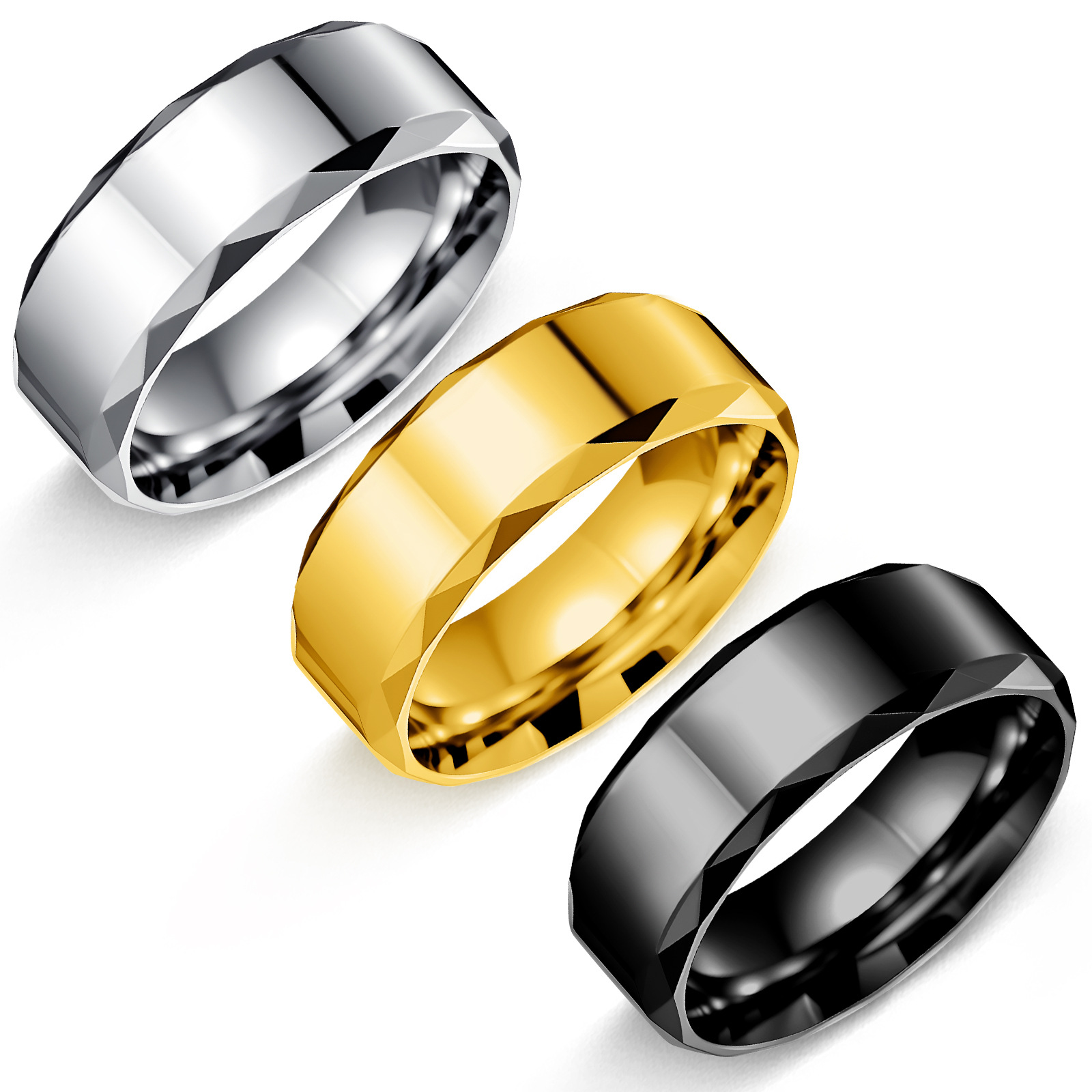 亚马逊2025新款欧美流行饰品8mm男士钛钢戒指精雕多面凌边指环