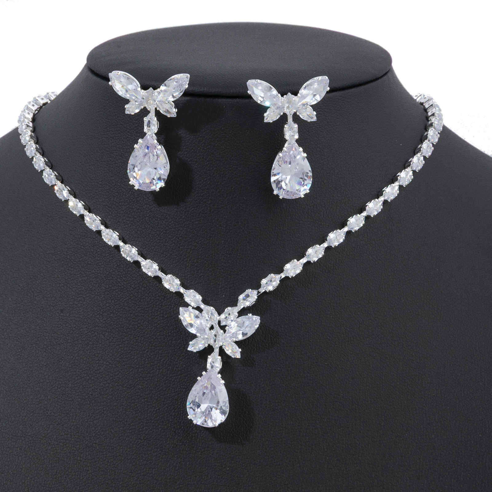 New cross-border two-piece set for brides, wedding banquets and parties, full zircon bow pendant jewelry set, shining and exquisite accessories for women details Picture