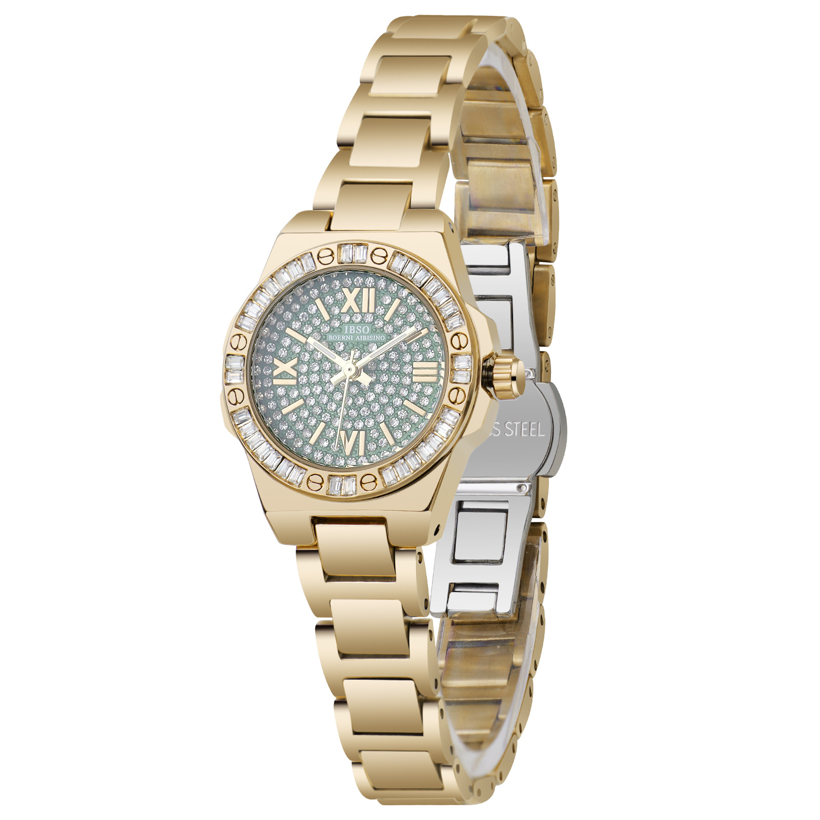 The new IBSO women's quartz watch with a steel band and diamond setting, a fashionable wristwatch, rose gold water-resistant small dial, is a cross-border bestseller Specification image