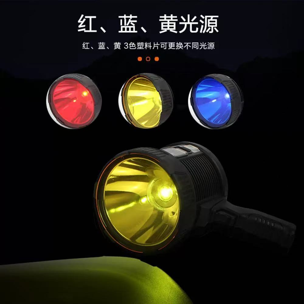Cross-border high-intensity searchlight, hiking rechargeable solar flashlight, detection lamp, red, blue and yellow flashing, bracket-type portable lamp details Picture