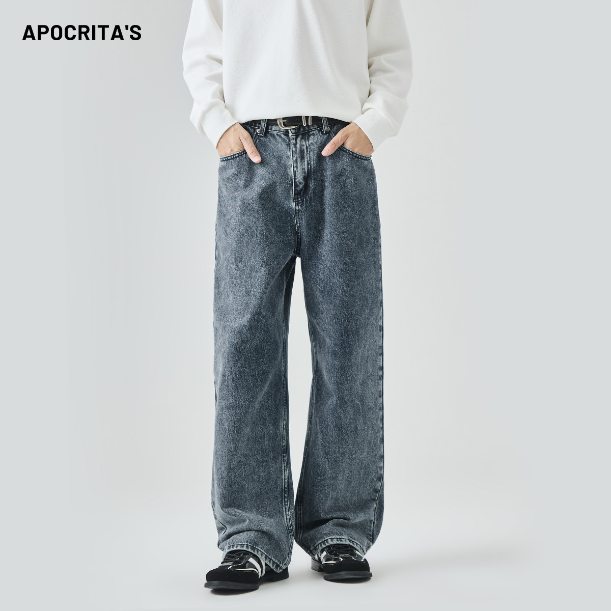 APO男装|跨境男士潮牌牛仔裤秋季美式高街水洗做旧宽松直筒长裤子