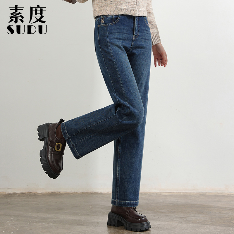 素度新款冬季植绒牛仔裤女后腰松紧侧边拼接显瘦窄版直筒裤十分裤