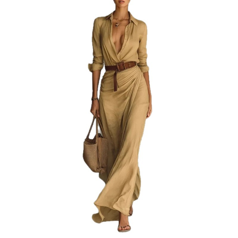 2025 Independent Station European and American women's clothing autumn elegant and sexy solid color irregular pleated belt-fitted dress Item Picture