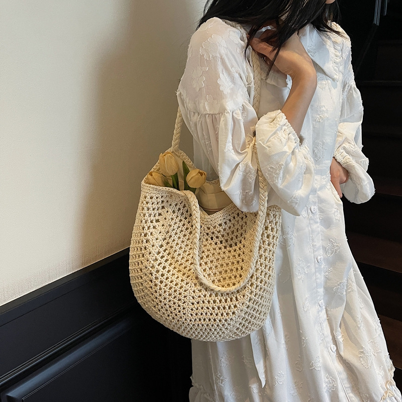 Cross-Border Woven Bags, Casual Large-Capacity Cotton Thread Woven Bags, New Hollowed-Out Straw Woven Bags, Laid-Back Style Single-Shoulder Bags, Vacation Beach Bags, Women's Bags, Crossbody Tote Bags, Woven Bags details Picture