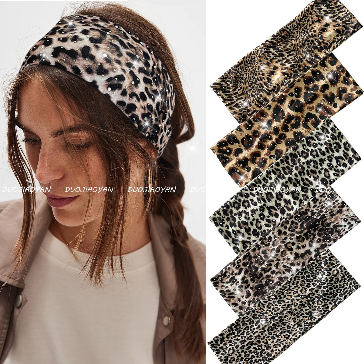 A new cross-border leopard-print hot diamond hair band from Europe and America, a retro and fashionable spice girl headwear with wide edges, elastic and breathable sports headband full figure