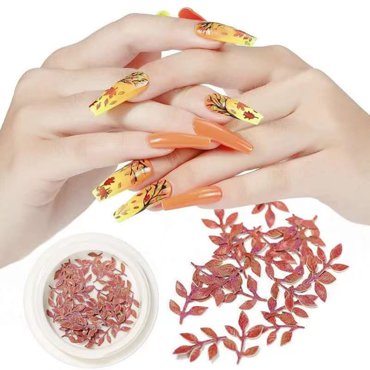 新款12色美甲木浆片树叶彩色枫叶立体手工美甲饰品现货盒装产品图