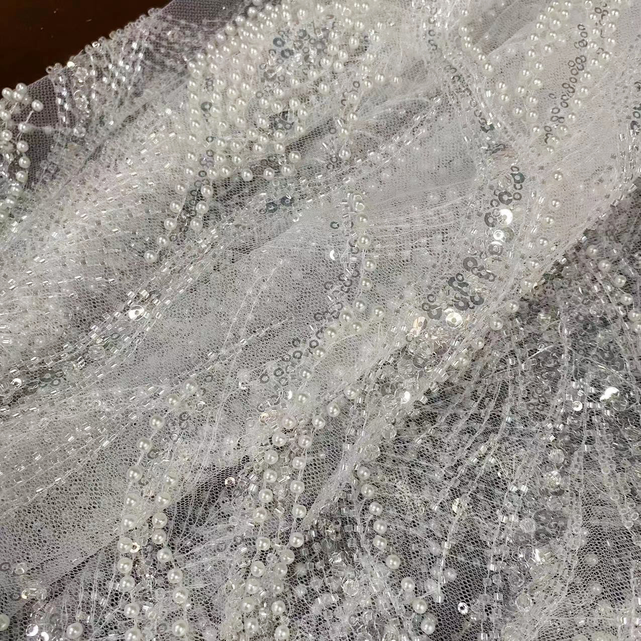 Factory stock of new three-piece colorful multi-color diamond bead sequin mesh lace embroidered wedding dress fabric Specification image