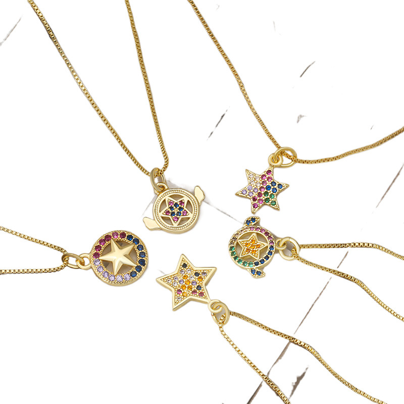 New cross-border Japanese and South Korean round zirconium five-pointed star pendant necklace accessory, fashionable and trendy DIY high-end necklace Item Picture