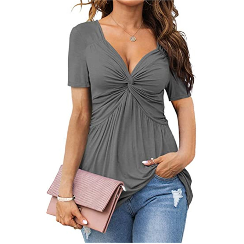 2023 New European and American women's V-neck front knotted shirt short-sleeved elegant casual T-shirt solid color pullover top Application Scenario
