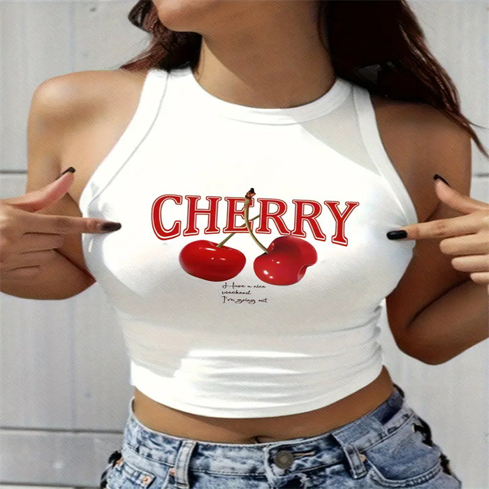 Cross-border new style European and American hot girl crop top, American sexy round neck halter sleeveless letter print top details Picture