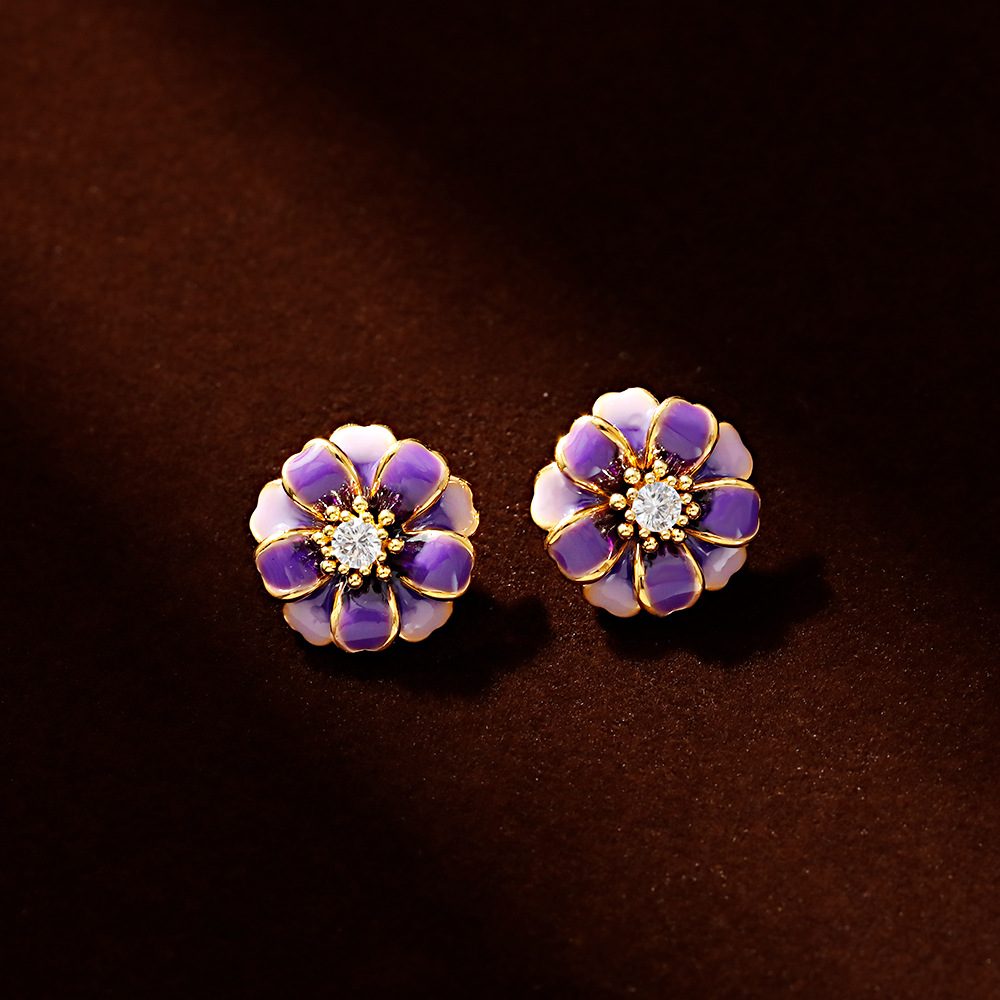 Hyacinth珐琅滴油香芋紫花朵耳钉时尚独特设计轻奢锆石耳环2025年抖音爆款