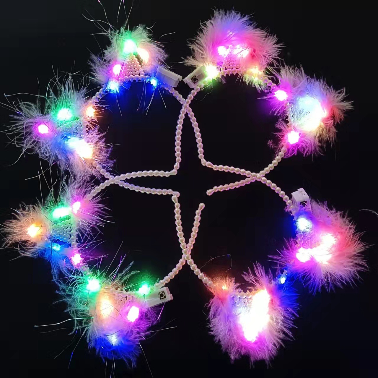 新款儿童亮丝羽毛珍珠发箍舞台表演装扮拍照仙女发光猫耳朵发箍