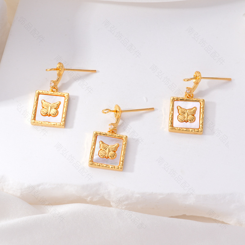 S925 Silver Needle Pearl Stud Earrings, micro-inlaid natural white shell butterfly semi-finished earrings, hollow base diy accessories details Picture