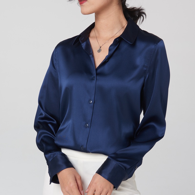 Mulberry silk and real silk shirt for women, Spring and Autumn 2025 professional attire, color-blocking long-sleeved shirt for commuting, figure-hugging, square-neck cardigan Specification image