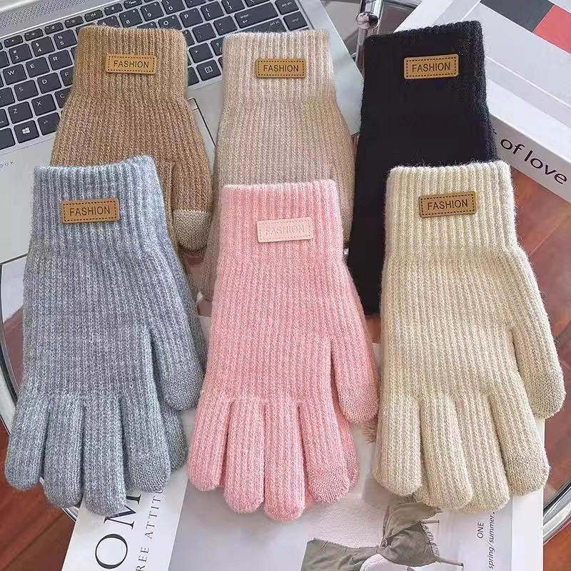 Five pairs of colorful knitted touch screen cycling armbands for women in winter, Korean version plush warm gloves for autumn and winter