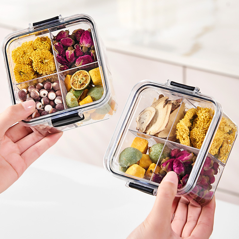 Compartment-sealed jar flower tea storage box, food-grade grain storage jar, dry goods square transparent storage jar with lid