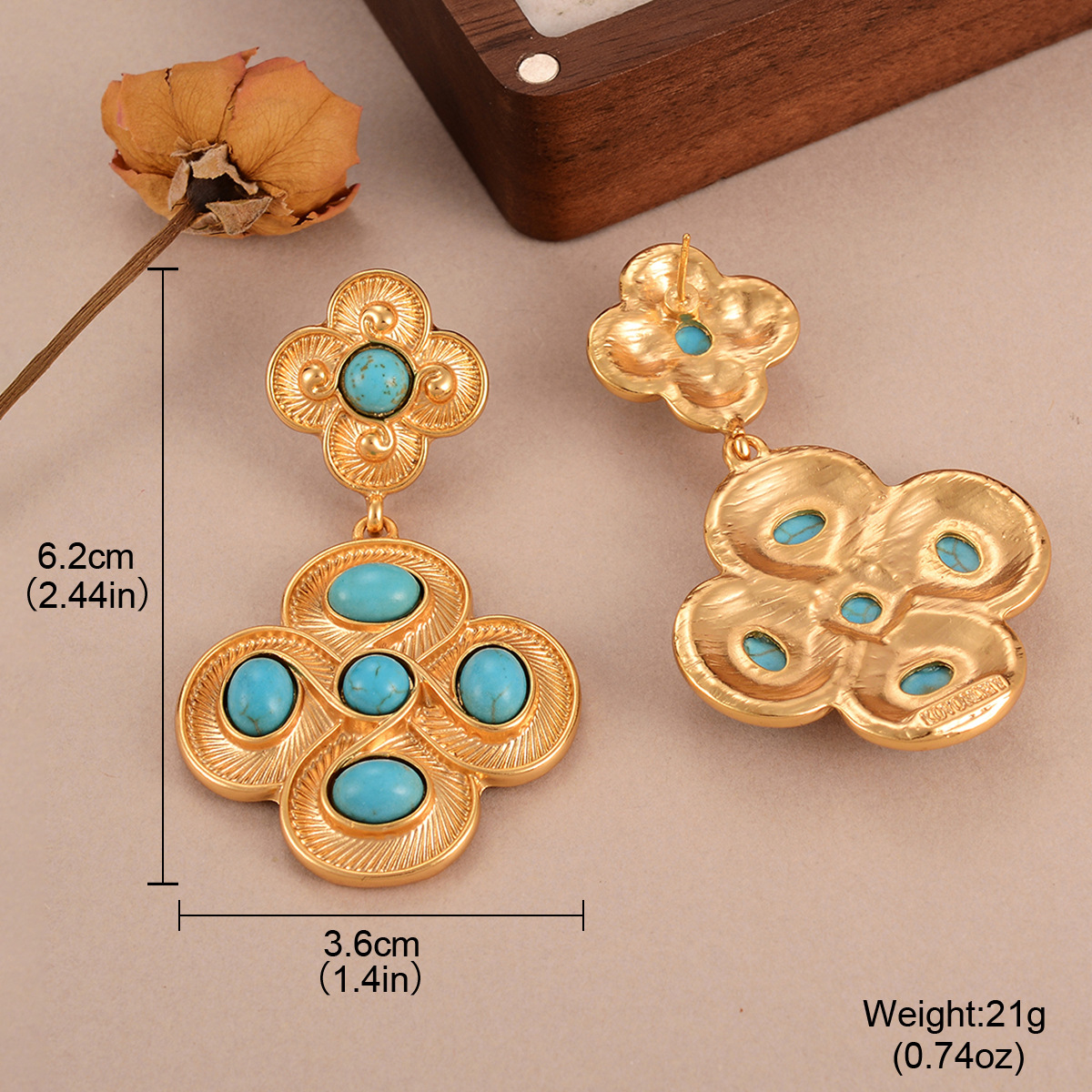 vintage turquoise exaggerated flower tassel earrings, court-style slimming and personalized stud earrings wholesale Application Scenario