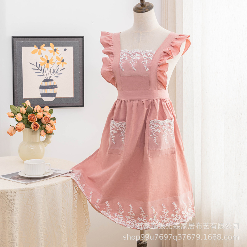 Korean princess apron, floral art, manicure, large size, shoulder strap, baked lace, sleeveless apron details Picture