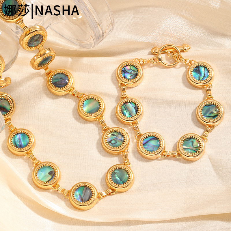 Nasha Cross-border Exclusive Jewelry Set: French Retro High-end Sensory Color Shell Roman Round Plate Pearl Jewelry Set details Picture