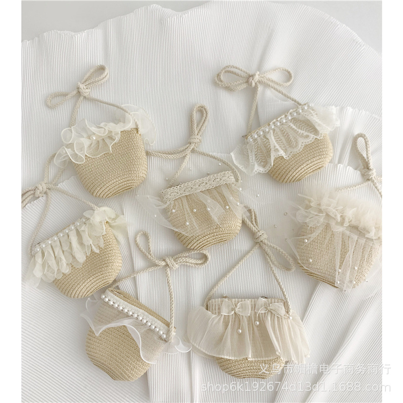 Cross-Border Straw Weaving Bag, Pearl Straw Weaving Mini Crossbody Small Square Bag, Girls' Summer Stylish Outfit, Sweet Lace Princess Bag, Handbag, Hand-Held Bag, Handcrafted Straw Weaving Bag details Picture