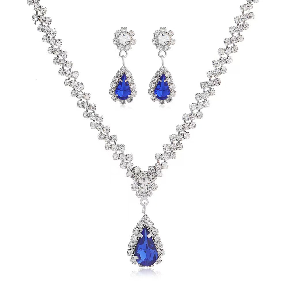 跨境热销水钻爪链项链耳环套装二件套水滴颈链锁骨链晚宴配饰吊坠白底实物图