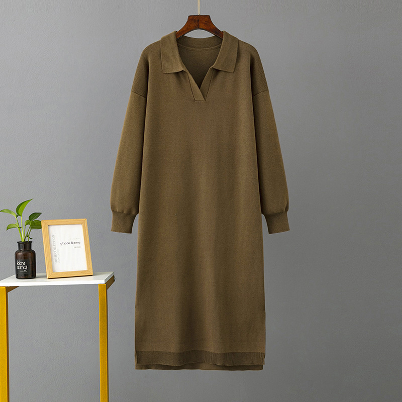 2023 Autumn/Winter new Amazon European and American Polo collar base knitted long dress, loose large-sized solid color women's dress details Picture